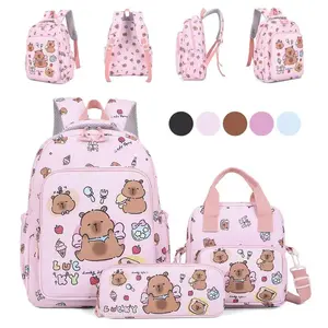 3Pcs/Set Kawaii Capybara Backpack Large Capacity Cartoon Teenager Fashion Nylon Lightweight Rucksack Set