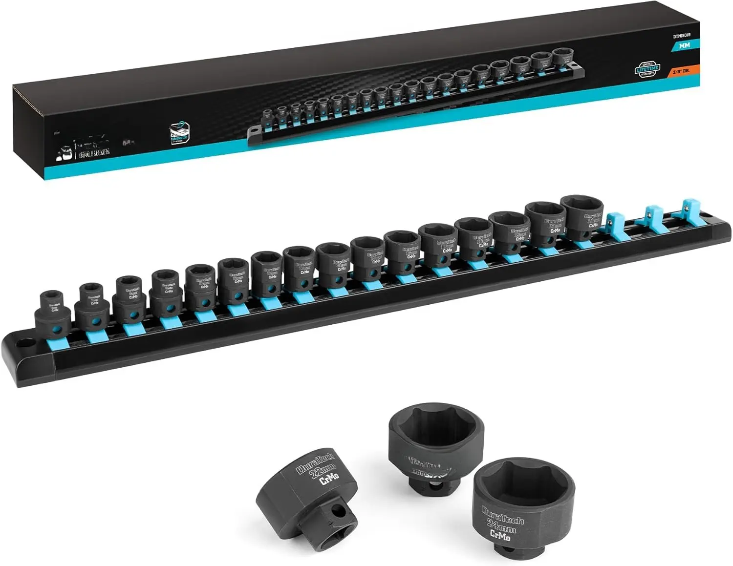 3/8" Drive Stubby Impact Socket Set, Low Profile Impact Sockets, 19-, Metric, Size Covers 6-24mm, Cr-Mo Steel, Organized in  Storage Rail