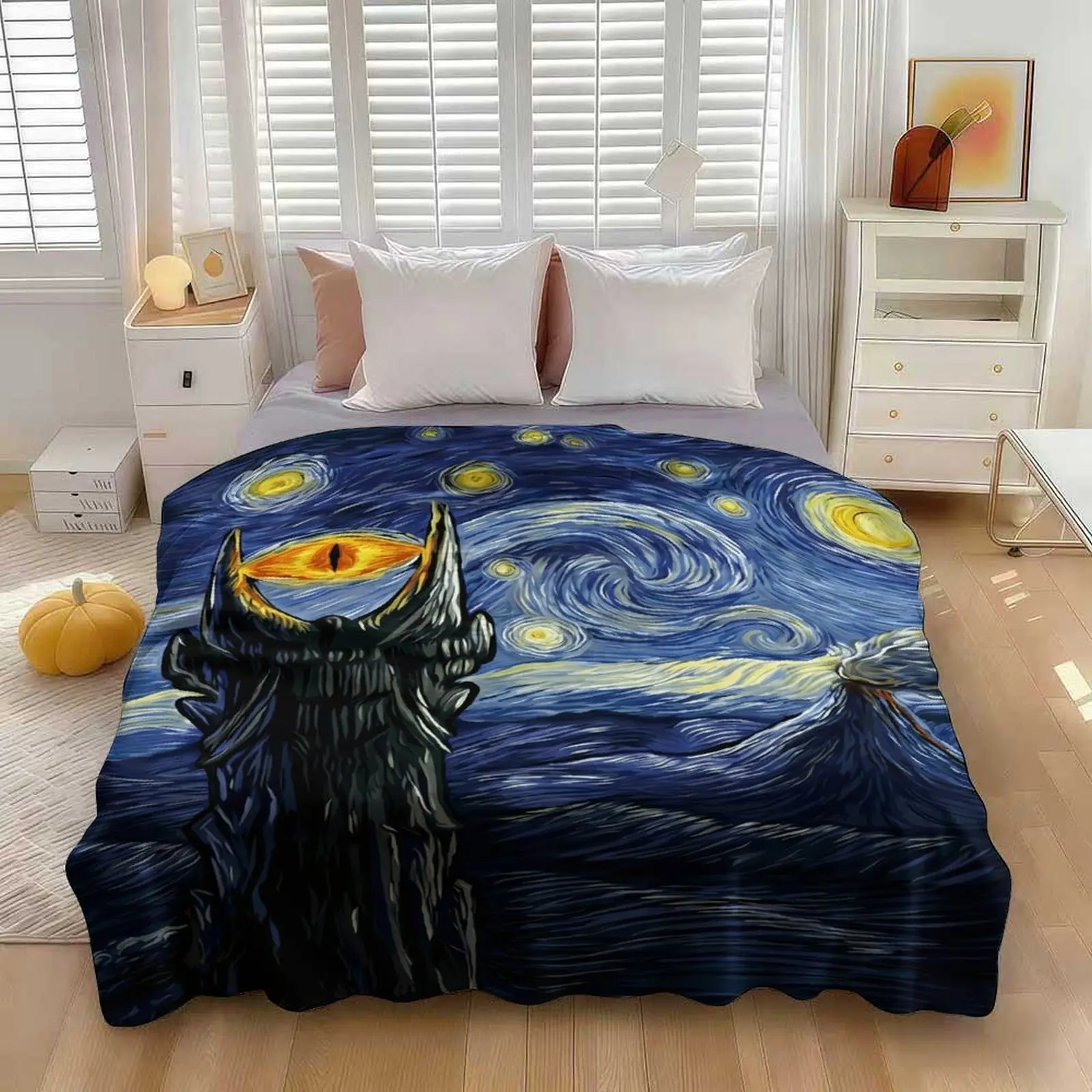 Eye of Sauron Blanket : Starry Night x  Middle Earth Mashup, Fantasy Throw for Geeks , Soft Plush Fleece Throw for Couch Bed, Perfect Gift for Fans & Art Lovers