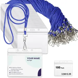 100 Sets Bulk Clear Plastic ID with Name Tags & Lanyards - Horizontal Swivel Hook Card Holders, Flat Neck Suitable for Adults, Staff, Teachers, School, Office, Events - Royalblue for ID Badges