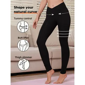 Women's V-waist free leggings: High-waisted design for comfort and smooth fit, ideal for yoga, exercise, and daily wear. Women's V-Shaped Cross Waist High Waist Pocket Yoga Pants, Casual Solid Color Spandex Nylon Knitted Fabric