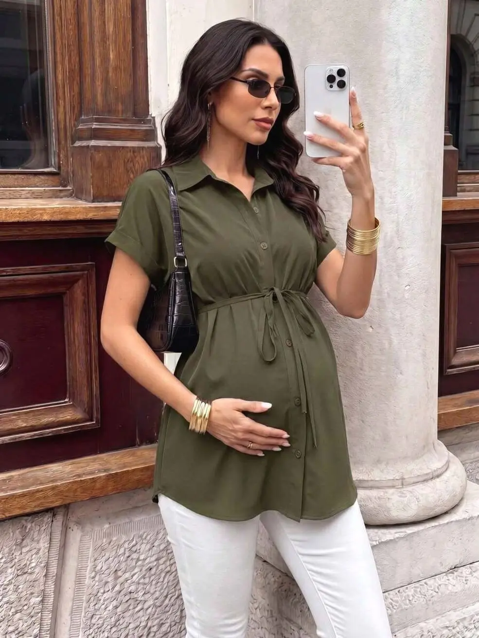 Maternity Batwing Sleeve Belted Blouse, Casual Elegant Flowy Pregnancy Top