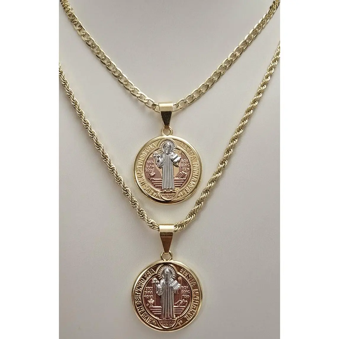 San Benito Necklace, Tri-Color Double-Sided Spiritual Jewelry Pendant for Unisex Daily Wear, Gold Aesthetic with Metal Rope or Curb Chain, Metal Chains