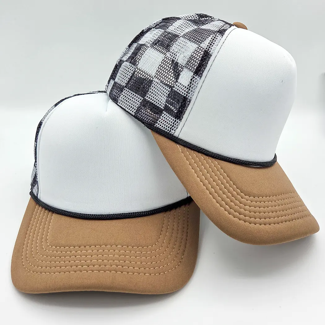 Black & White Checkered Foam Trucker Hat with Brown Bill