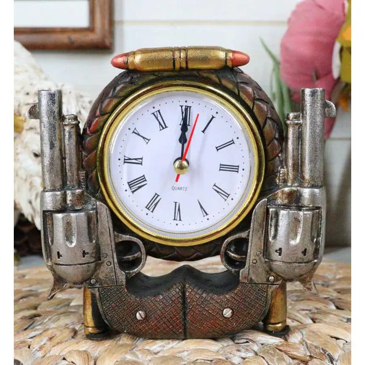 Rustic Western Cowboy Pistol Revolver Guns And Bullets Analog Table Clock Decor