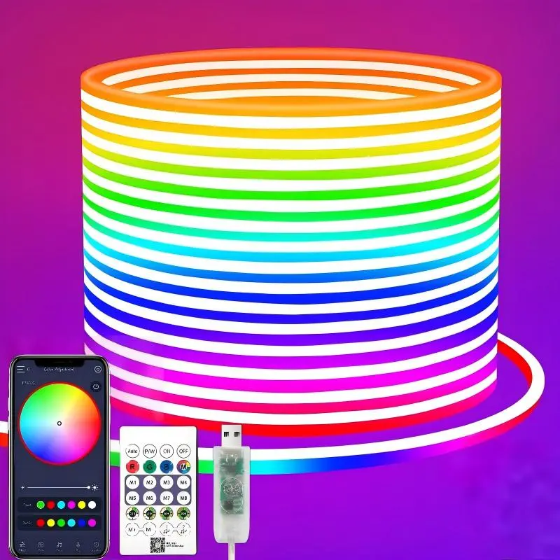 USB Powered LED Strip Light，Flexible  Neon Rope Lights - App & Remote Control, IP67 Waterproof, Music Sync for Perfect Glow for a Date Night  Bedroom Decors, Remote Led Light, Rgb Colorful Led Rgb Ambient Lighting