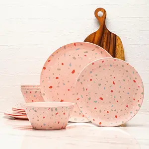 12-Piece Melamine Dinnerware Set - Confetti Pink Plates and Bowl Lightweight BPA-Free Dishwasher Safe Dish Set for Indoor & Outdoor Use - Perfect for Camping, BBQs, Kids Parties