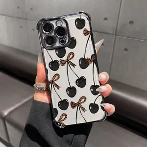 Cherry Leopard Print Bow Transparent Electroplated Phone Case, Four-Corner Shockproof Cover with Camera Protection for iPhone 11 12 13 14 15 16 17 Pro Max XS