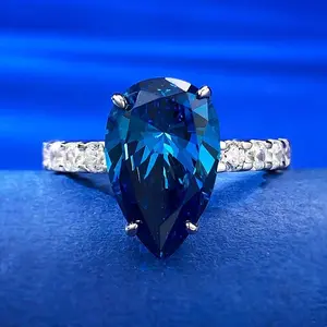S925 sterling silver blue pear cut ring 9*14mm 8A cubic zirconia ring fashion jewelry accessory woman girl promise ring Springtok-345
