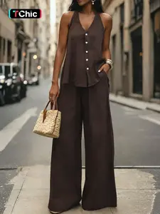 Women's Casual Vacation Style Halter Neck V Neck Backless Tie Back Sleeveless Camisole Crop Top with Wide Leg Pants Set