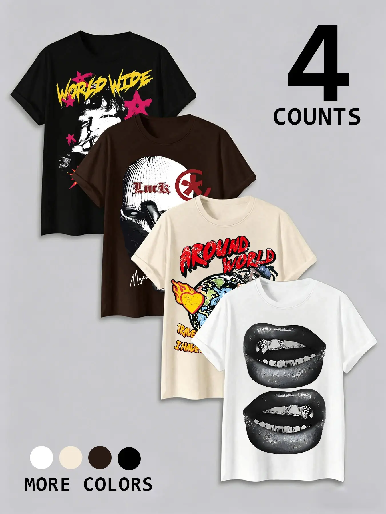 Vintage Y2K Streetwear Fashion Graphic T-Shirt 4-Pack | Oversized Hip-Hop Aesthetic Unisex Tees for Men & Women | High-Quality Urban Grunge Tops for Summer Music Festivals & Daily Street Style