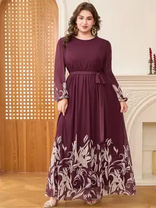 【Plus Size】 Floral Print Belted Chiffon Dress, Elegant Long Sleeve Round Neck Dress for Party Holiday Wedding Guest, Women's Clothes for Spring & Fall