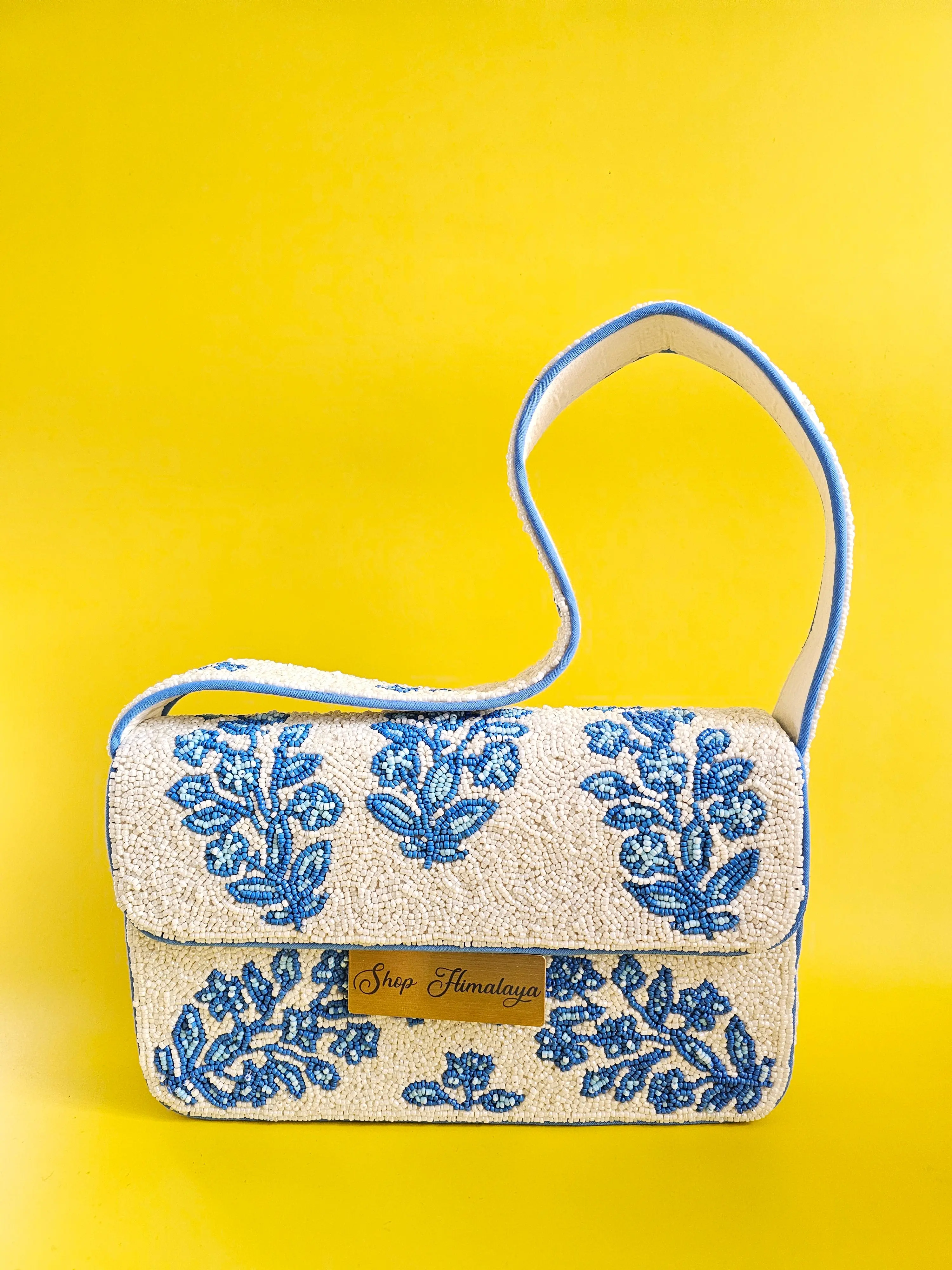 Hand-Beaded Blue Floral Evening Bag | Elegant Wedding & Special Occasion Shoulder Clutch