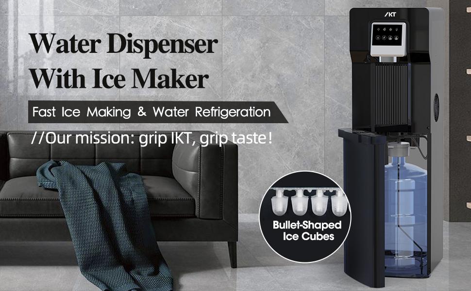 IKT Water Cooler Dispenser with Ice Maker Bottom Loading 18lbs Daily Capacity , 3 & 5 Gallon Bottles,for Home/Office, Black (No Hot Water)