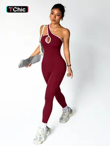 Women's Colorblock Asymmetrical Neck Hollow Out Sleeveless Spring Summer Knit Yoga Jumpsuit, Casual Fashion Sportswear