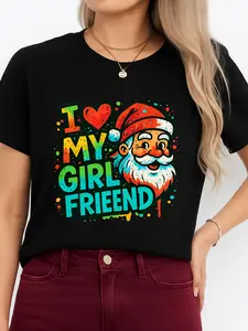 Christmas T-Shirt Black I ❤️ My Girlfriend Santa Design Holiday Gift Personalized Tee Unisex All Seasons Breathable Versatile Fit Plus Size Made in USA Cotton Sleeve Tshirt