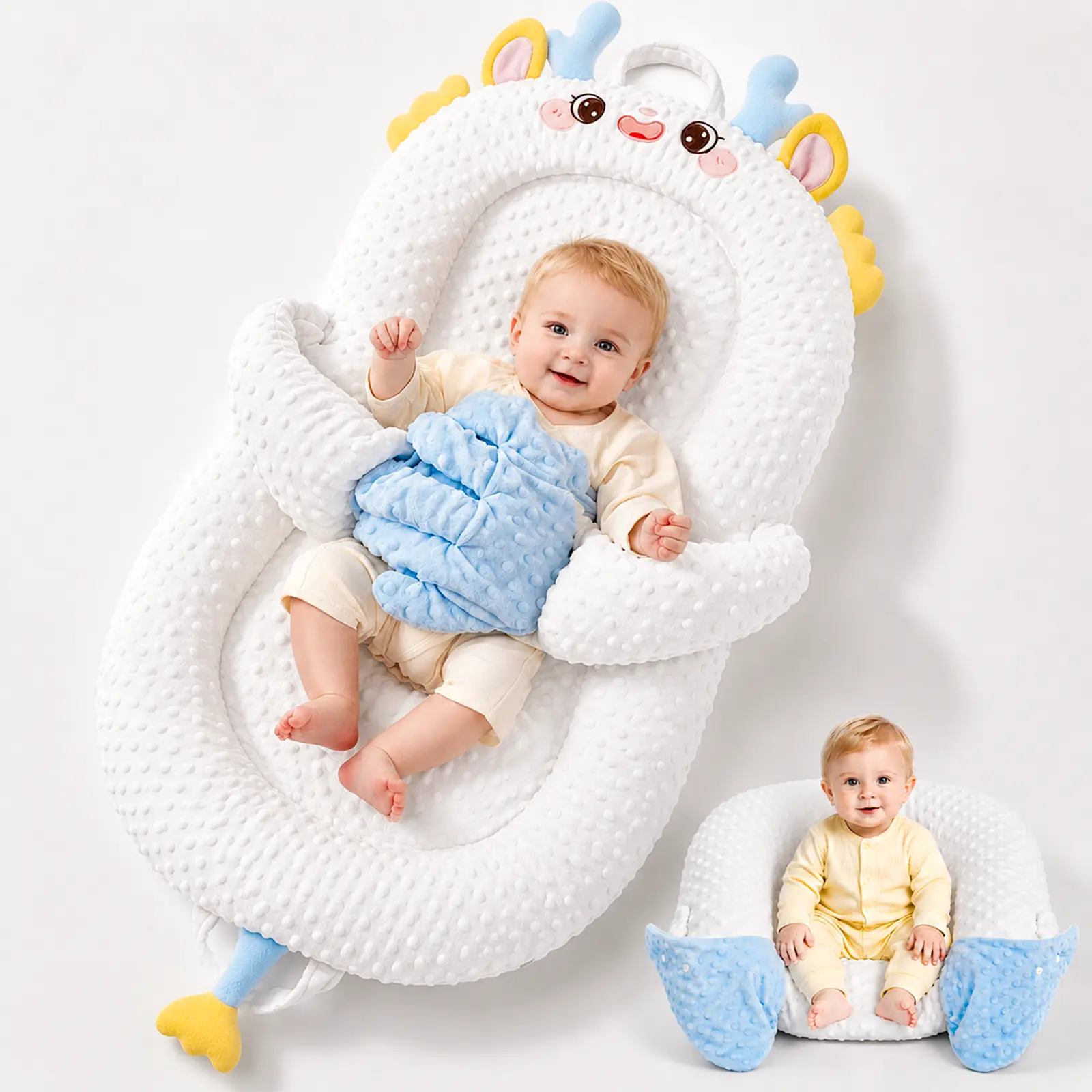 Baby Tapper for Sleeping,  lounger premium velvet sponge, unisex newborn baby nest double sided, foldable portable mat with 32d soft cushion polyester fabric pillows, fun toys for tummy time support