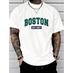 100% Cotton Men'S Boston Est. 1997 Graphic Print T-Shirt, Casual Crew Neck Short Sleeve Tee with Slight Stretch, Regular Fit, Letter Pattern Design, Perfect for Sports or Leisure Activities, Leisure Clothing |       Trendy Crew Neck |       Versatile Styl