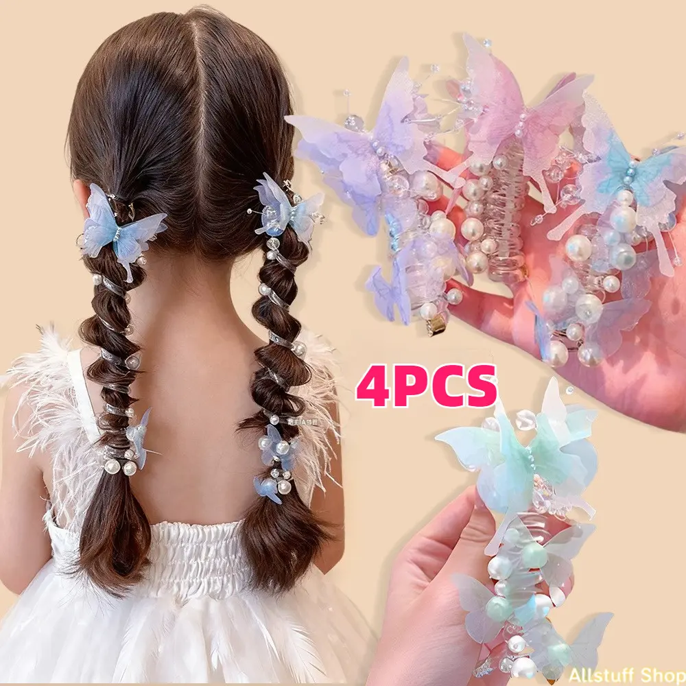 Women's 4-Piece Cute Butterfly Hair Accessory Set - Colorful Beads Spiral Hair Ties, Fashion Accessories for Daily Wear, Party Sports, Fashion Hair Accessories