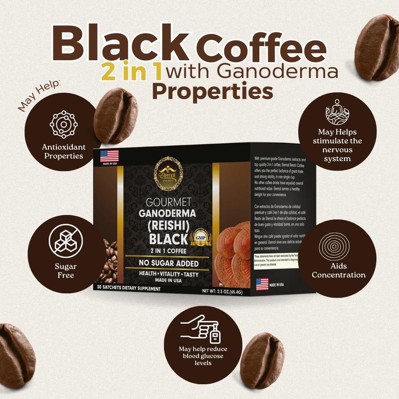Eternal Gourmet Ganoderma (REISHI) Black Coffee 2 in 1 Made in USA Cafe Negro con Ganoderma Eternal Beverage Nata de ganoderma (Pack of 6)