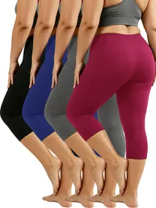 4 Pack Women's Capri Pants - High Waisted 4-Color Cropped Pants Black Grey Red Blue, Tummy Control Firm Fit, Breathable Non-See-Through For Cycling, Hike, Work