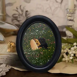 Vintage Oval Frame Wall Art Print, Wall Art Decoration, Cat Holding Hot Dog, Floral Design, Fun Illustration, Home Decor for Holidays, Healing Cat Lover Gift