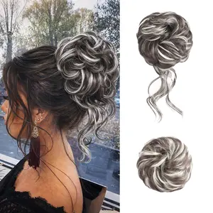 2PCS Messy Bun Hair Pieces Wavy Curly Synthetic Updo Chignon Fake Scrunchies Ponytail Extension for Women