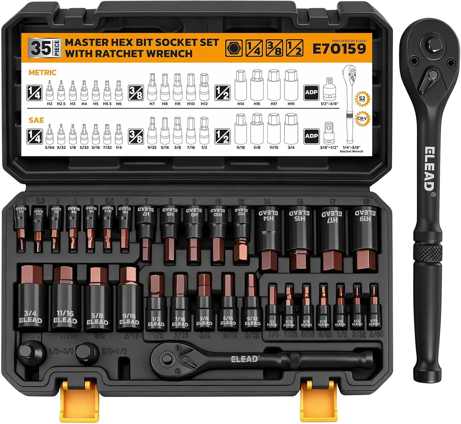 35-Piece Master Hex Bit Socket Set, 1/4", 3/8", 1/2" Drive Allen Socket Set H2-H19, 5/16"-3/4", Premium CR-V & S2 Alloy Steel, Ratchet Wrench, Sockets Adapter, High Torque for Automotive Mechanic,father'sdaygifts