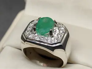 Natural Unheated Green Zambian Emerald Sterling Silver 925 Handmade Men’s Engagement Ring