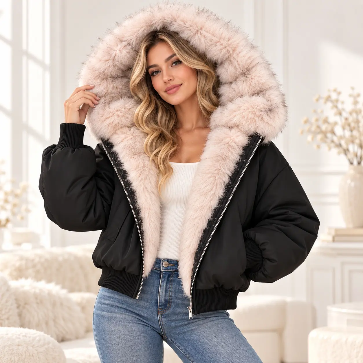 Womens Black Faux Fur Hooded Padded Jacket, Warm Insulated Bomber Coat, Zip Up Cropped Winter Jacket, Long Sleeve Casual Y2K Streetwear, Cozy Outerwear