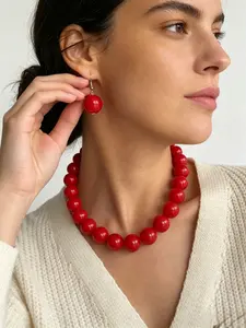 1set Vibrant Red Round Beaded Jewelry Set, Red Bead Choker Necklace & Dangle Drop Earrings, Elegant Statement Jewelry, for Women, Wedding, Party, Daily Wear, Viral TikTok Matching Jewelry