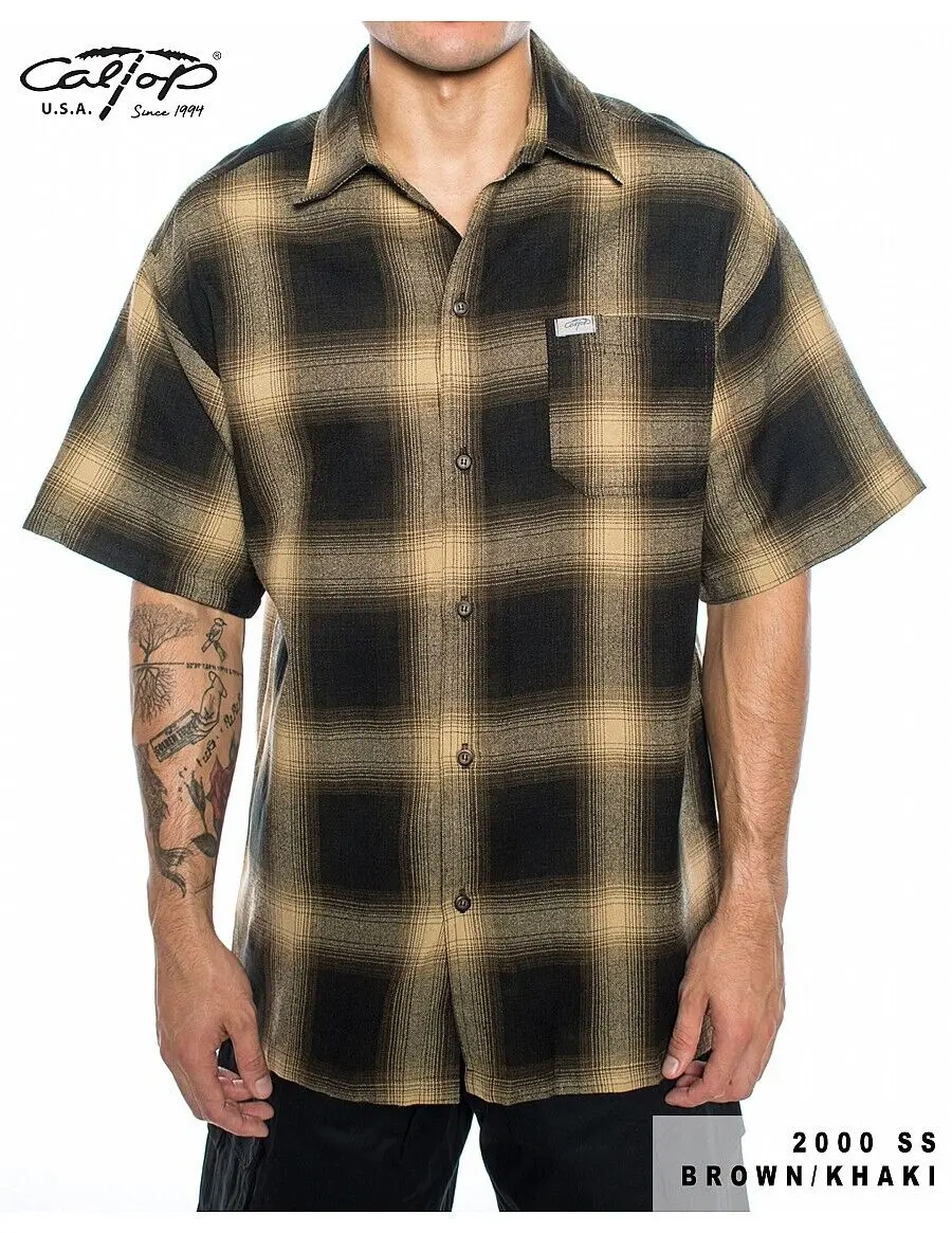 Caltop Men's Short-Sleeve Plaid Collared Casual Flannel Shirt - Fabric Top with Small, Loose Menswear Classic Fit