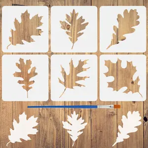6 PCS Oak Leaves Stencils with 1Pc Brush 5.9x5.9inch 6 Styles Oak Leaves Pattern Drawing Stencil Plant Theme Template for Painting on Wall Wood Furniture DIY Home Decoration