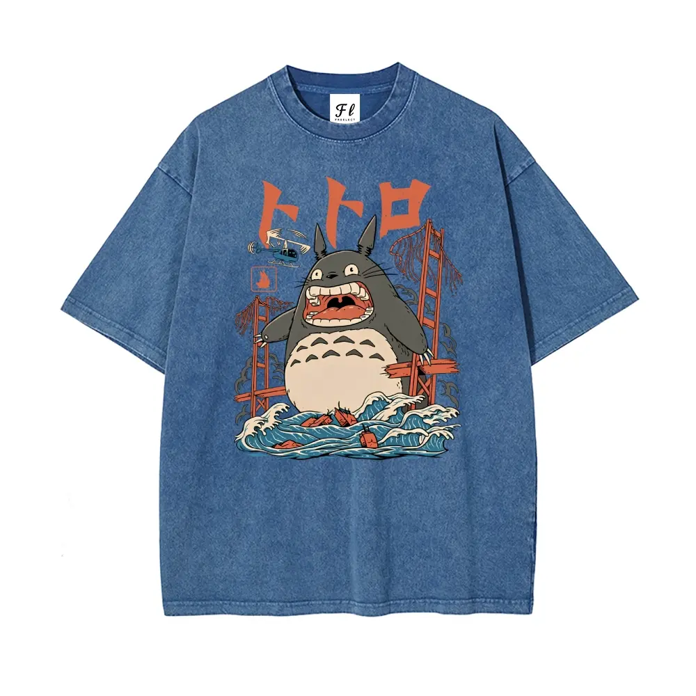 Soft Washed Cotton Vintage T-Shirt for Men, Oversized Stretch Short-Sleeve with Japanese Cartoon Wave Graphic, Tshirt