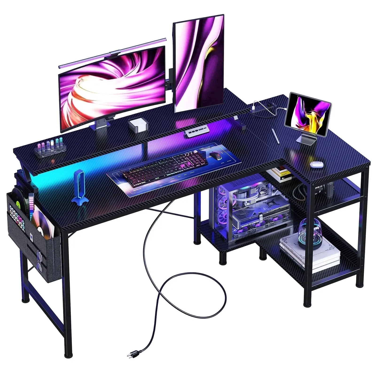 L Shaped Home Office PC Desk with Scratch-Resist Top, Wood-Metal Construction, Steel Frame, 40in to 48in Size, Storage Shelves, USB Charging Ports, LED Lighting - L Shaped Gaming Desk for Office & Gaming Use