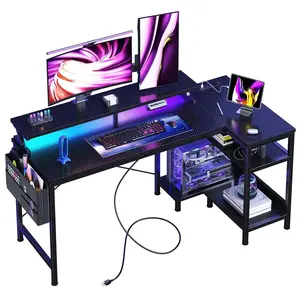 40IN to 48IN L Shaped with Storage Shelves Computer Desk Gaming Wood Table with USB Charging Ports LED Lights for Office