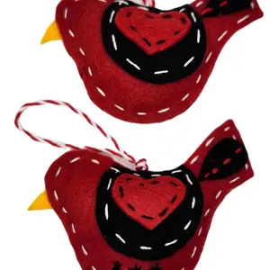 Felt Cardinal Ornaments with Heart Design and Yellow Beak for Festive Decorations