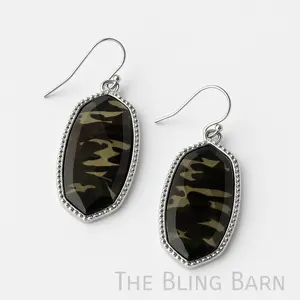 The Bling Barn Western Terrain Camo Drop Earrings - Bold Statement Fish Hook Style with Metallic Detail & Faceted Camouflage Stone for Modern Western Edge