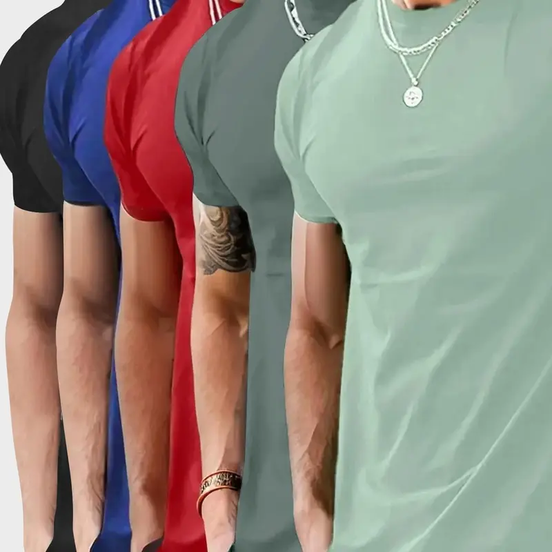 Men's 5pcs Regular Fit Solid Color Plain Round Neck Tees, Casual Fitted Short Sleeve Soft T-shirts for Summer, Men's Top for Daily Wear, Trendy T-shirts, Blank t shirt, Menswear