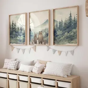 Nursery Animal Wall Art Woodland Bear Wall Decor Wild Forest Animals Canvas Pictures Baby Nursery Woodland Poster Watercolor Forest Painting Family of Four for Boy Kids Bedroom 12x16x3 Inch Unframed