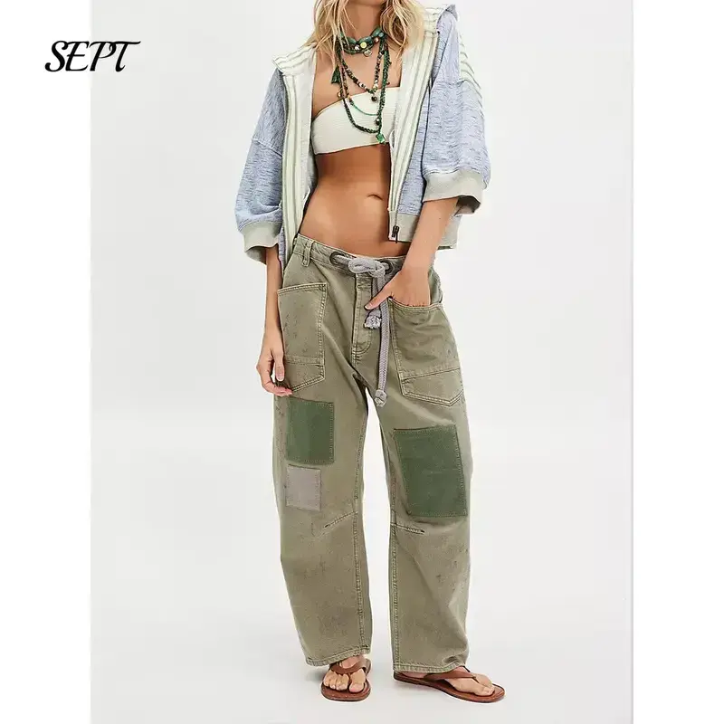 Baggy Barrel Jeans Women Drawstring Low Rise Wide Leg Boyfriend Patchwork Jeans Casual Cropped Denim Pants For Fall Winter Womenswear(Sheets)233