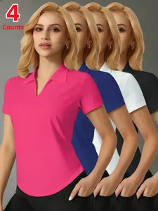 Women's Moisture-Wicking Breathable Athletic Top Polo Shirt Set, Short Sleeve Fitted Casual Sports Top for Running Golf, 4 Piece Pack, Casual Workout Tops Set