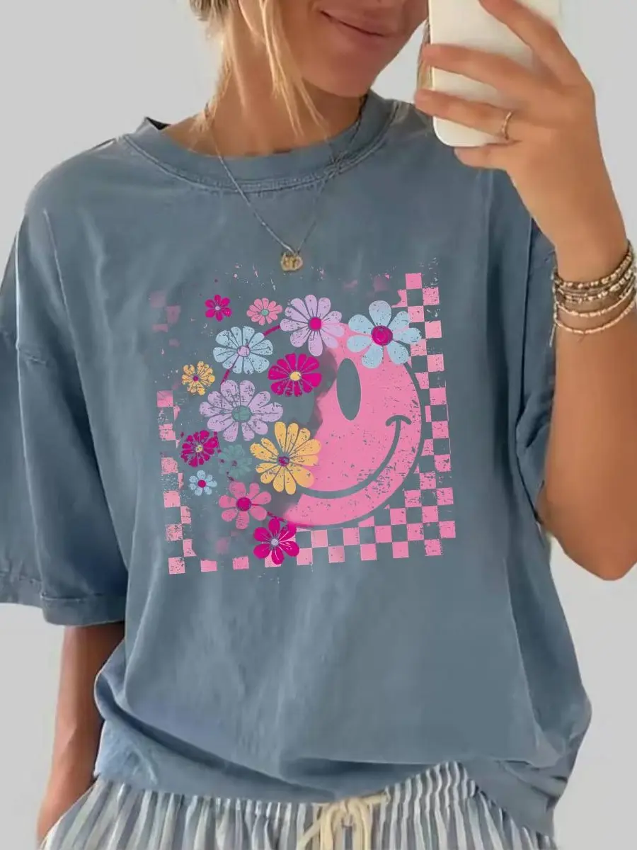 [Sale Up To 50%] Comfort Colors Retro Smiley Face Floral T Shirt, Inspirational Tshirt, Self Worth Motivational T-shirt, Self Love Gift, Mental Health Matters Graphic Tee, Cotton Fabric, Gift For Her - Rock Rolla