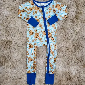 Blue long sleeves milk cookies printed Christmas romper baby boy zipper sleeper