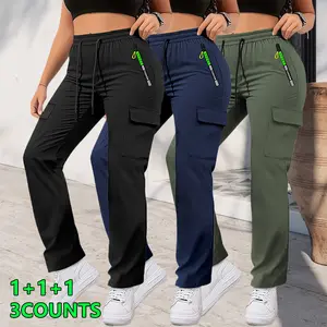 3 Pack Women's Letter Print Green Straight Leg Pants, Casual Outdoor Long Pants with Drawstring Elastic Waist, Zipper Pockets & Large Patch Pockets, Suitable for Jogging & Daily Wear