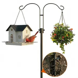 MrCrafts 82 Inch Bird Feeder Pole with Spiral Ground Anchor, Heavy Duty Shepherds Hooks for Outdoor Bird Feeder Stand, Extra Stable Metal Garden Hook for Hanging Plants, Solar Lights, Baskets, Black