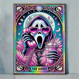 5D Full Drill Diamond Painting Kit - Retro Cartoon Ghostface with Pink Heart Sunglasses & Drink, Round Acrylic Diamonds, Pastel Goth Themed DIY Art, Handmade Gifts, Ideal Gift for Horror & Craft Enthusiasts