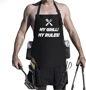 MY GRILL MY RULES - Dirty Funny Trashy Sexy BBQ Apron - 100% Canvas - 5 Pockets - 4 Tool Loops - 2 BEER HOLDERS