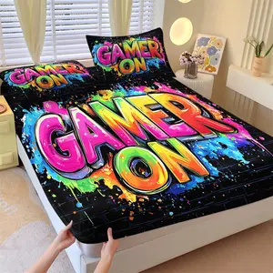 "GAMER ON" Graffiti-Style Bedding Set — 3-Piece Colorful Street Art Print Fitted Sheet Set . Soft, Comfortable, and Designed for Gaming-Themed Bedrooms (Ideal for Kids & Teens) — Includes 1 Fitted Sheet + 2 Pillowcases.
