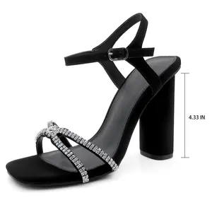 Square Toe Crystal Embellished Chunky Heel Sandals  Noir Crystal Ankle Strap Heels